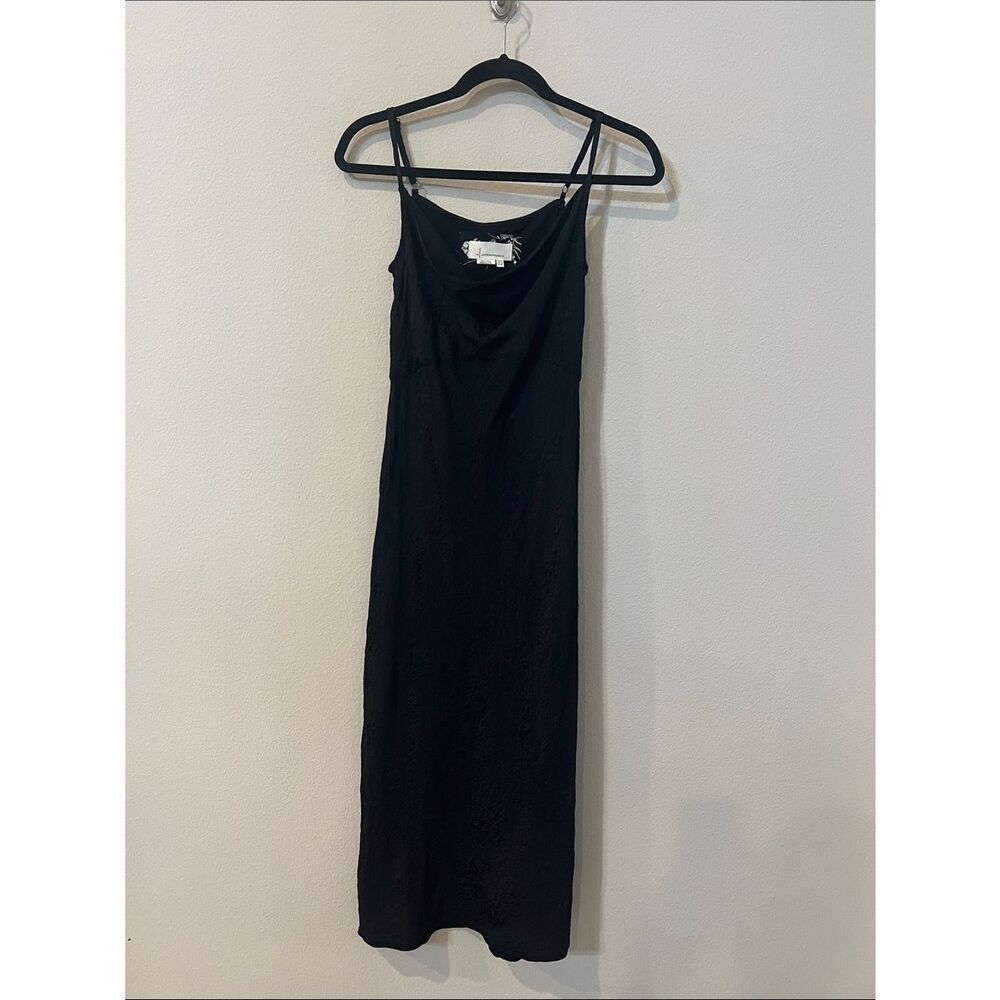 Anthropologie Black Satin Jacquard Slip Midi Dress Cowl Neck Side Slit Strappy 6 - Picture 3 of 8